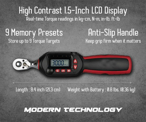 3/8 Inch Digital Torque Wrench With Dual Direction, 1.11-22.12 Ft-Lbs Range, 1.5-30 N-M, ±2% Accuracy, LED Alert And Buzzer