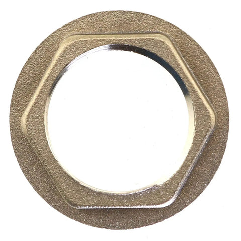 Close-up of a 1/2 Inch NPT Brass Lock Nut from Rock Solid Pro Grade for pipe fittings.