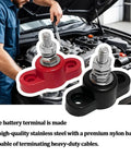 Sweet Two Piece Car Battery Junction Block With Solid Quarter Inch Terminals For 12V Rigs, red and black terminals on a car engine.