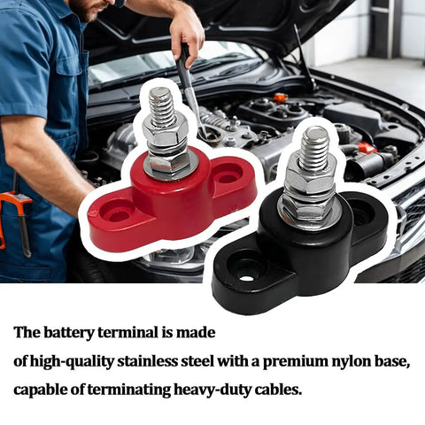 Sweet Two Piece Car Battery Junction Block With Solid Quarter Inch Terminals For 12V Rigs, red and black terminals on a car engine.