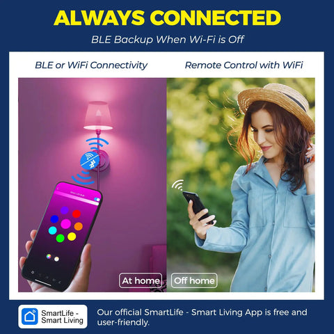 Smart E12 LED Bulbs For Chandeliers 6W 500LM RGBCW app control with BLE WiFi, remote light adjustment, woman using phone
