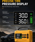 Heavy Duty Cordless Tire Inflator With 160 Psi Automatic Shutoff Digital Gauge shows precise tire pressure in real time.