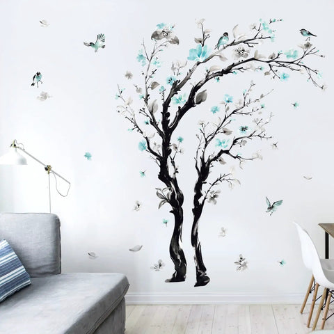 Epic Watercolor Tree Wall Decals With Blue Flower Branches Easy Peel And Stick Waterproof And Removable Perfect For Living Room