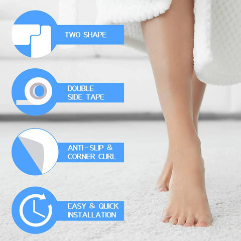 Barefoot woman on rug highlighting 32 Piece Rug Gripper Set Anti Slip Corner Pads And Washable Sticky Protectors for hardwood floors.