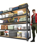 Heavy Duty 5-Tier Garage Shelving Unit With 2400 Lb Capacity, Adjustable Steel Storage Racks For Carport, Warehouse Or Basement, 72 Inch High By 40 Wide By 20 Deep, Industrial Grade Organization, loaded with bins and tires