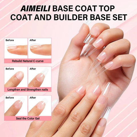 Builder Gel Nail Kit Dope With Base Coat And No Wipe Top Coat 3 Pack 10ml visible on hands with before and after results
