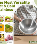 Party Ready Stainless Steel Double Wall Dip Chiller Bowl 70 Oz Water Cooled Serving Dish held in hands, showcasing its smooth interior.
