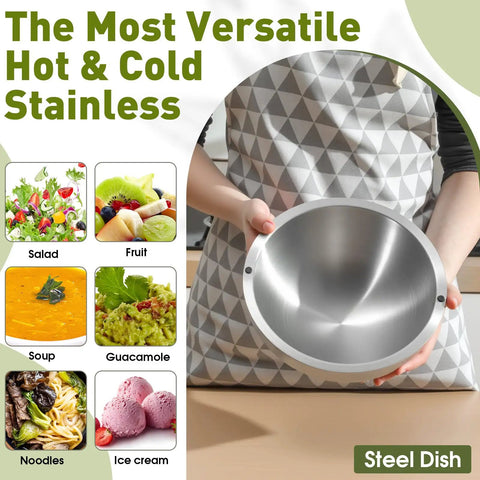 Party Ready Stainless Steel Double Wall Dip Chiller Bowl 70 Oz Water Cooled Serving Dish held in hands, showcasing its smooth interior.