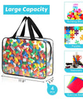 4 Pack Clear PVC Toy Storage Bags With Zipper filled with colorful building blocks, large black waterproof reusable organizer for puzzles and stationery.