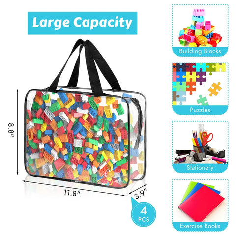 4 Pack Clear PVC Toy Storage Bags With Zipper filled with colorful building blocks, large black waterproof reusable organizer for puzzles and stationery.