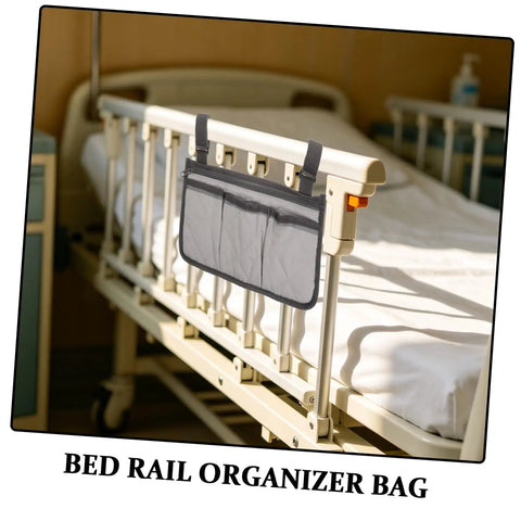 Bed Rail Organizer With Four Pockets And Cup Holder, Easy Strap-On Design, grey with dark grey edging, on hospital bed rail