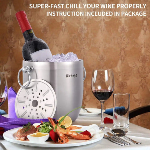 Ice Bucket With Lid And Strainer Set, Includes Scoop And Tongs, Double Wall Insulated Stainless Steel Keeps Ice Frozen Longer, Bar Ready For Cocktails, Parties, Wine Or Champagne On Any Counter, 3 Liter Capacity with wine bottle