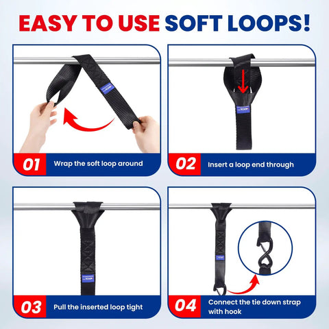 Step-by-step guide to using soft loops with Heavy Duty Ratchet Tie Down Straps Set With 2340 Lb Max Breaking Strength, 1 Inch By 16 Feet