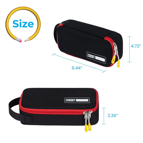 Large Pencil Case With Big Capacity Aesthetic Pen Pouch For Office Organizer Minimalist Portable Stationery Bag With Handle Black Durable Pencil Storage For School Travel Grab And Go, black fabric with red zipper, size dimensions shown.