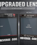 Large View Auto Darkening Welding Helmet Pro Grade lens detail with 3.94"x3.66" size and solar powered, blue light blocking filter.