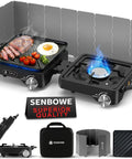 Two Burner Camping Stove With 24000 BTU Total Heat, foldable propane stove, windscreen, griddle, and carry bag displayed.