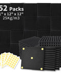 52 Pack Acoustic Foam Panels For Soundproofing 1 Inch Thick 12 By 12 Inch Squares With Triangular Groove Design, adhesive shown