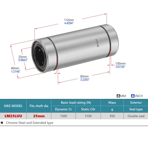 Diagram of Sealed Lengthened Linear Ball Bearing Set 25x40x112mm LM25LUU with dimensions and chrome steel details for CNC projects.