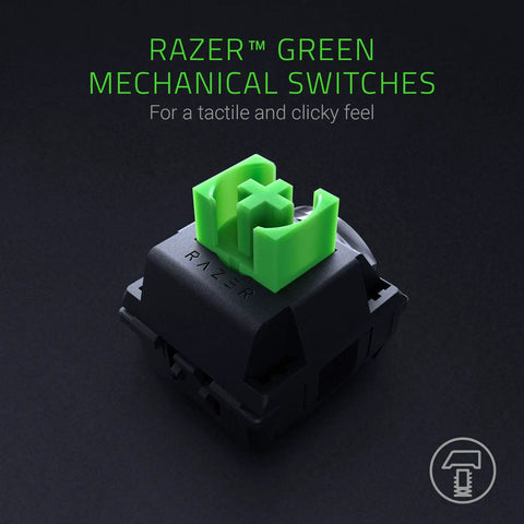 Sick Clicky Mechanical Gaming Keyboard With Programmable Keys And Custom RGB Lighting Built For Snappy Response And Late Night Runs That Brings Major Game To Your Desk Setup, Razer green mechanical switch for tactile feel.