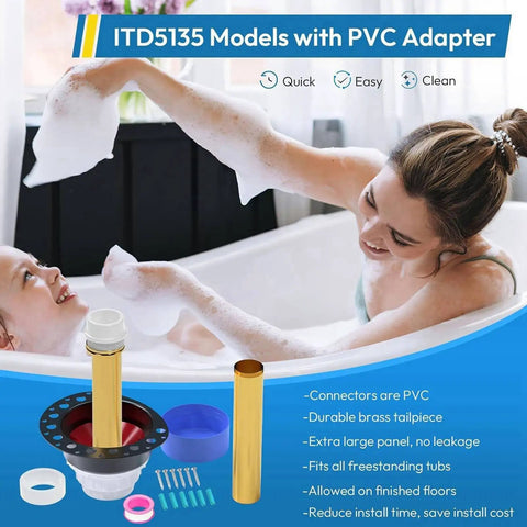 Freestanding Bathtub Drain Kit, Brass ABS Anti-Backflow for Home showing PVC adapter, featuring a durable brass tailpiece.