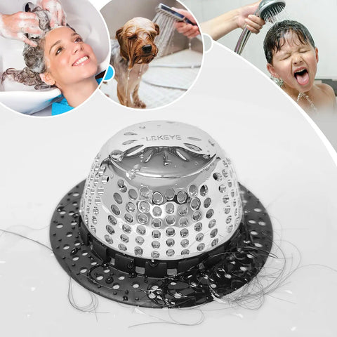 Ditch The Nasty Clogs With This Heavy Duty Shower Drain Hair Catcher Snags Fuzz And Debris Fast Fits Pop Up And Standard Tub Drains Easy To Rinse Off In Sleek Black, with hair debris on a black base.