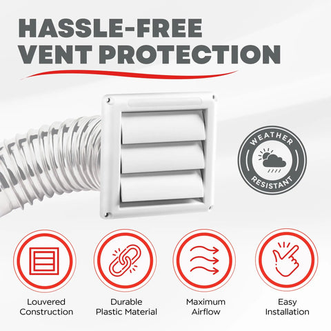 Supurr Vent 4 Inch Outdoor Dryer Vent Cover White Louvered Wall Hood With Gravity Damper and weather resistant symbols