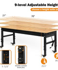 Adjustable height 70 Inch Adjustable Rolling Workbench On Wheels With Heavy Duty 2000 Lbs Capacity Rubber Wood Top Power Outlets