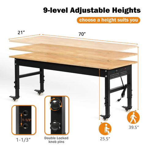 Adjustable height 70 Inch Adjustable Rolling Workbench On Wheels With Heavy Duty 2000 Lbs Capacity Rubber Wood Top Power Outlets