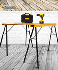 2 Pack Folding Saw Horses Heavy Duty Portable Work Stand That Feels Like A Real Shop Workhorse With 550 Lb Capacity Folding Legs And Easy Carry Handle Ideal For Woodworking Miter Saw Projects DIY Jobs with toolbox and drill on top