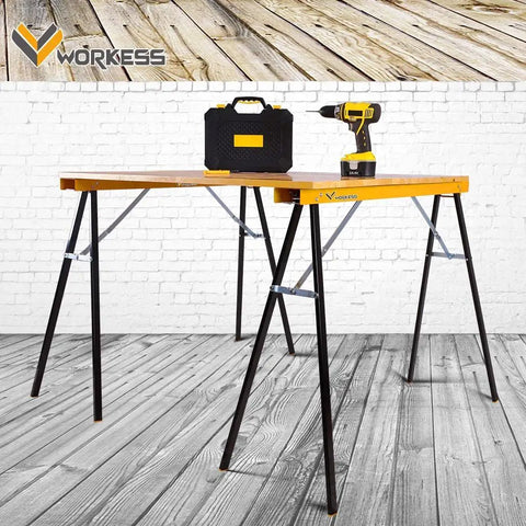 2 Pack Folding Saw Horses Heavy Duty Portable Work Stand That Feels Like A Real Shop Workhorse With 550 Lb Capacity Folding Legs And Easy Carry Handle Ideal For Woodworking Miter Saw Projects DIY Jobs with toolbox and drill on top