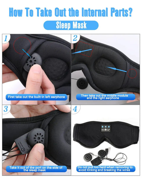 Step-by-step guide on removing internal parts from a sleep mask with built-in earphones for comfort.