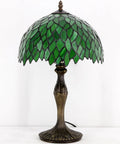 Green Tiffany Style Stained Glass Table Lamp For Desk And Bedside Use 12x12x18 Inch Antique Green Bronze Base UL Listed Cozy Reading Light