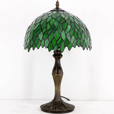 Green Tiffany Style Stained Glass Table Lamp For Desk And Bedside Use 12x12x18 Inch Antique Green Bronze Base UL Listed Cozy Reading Light