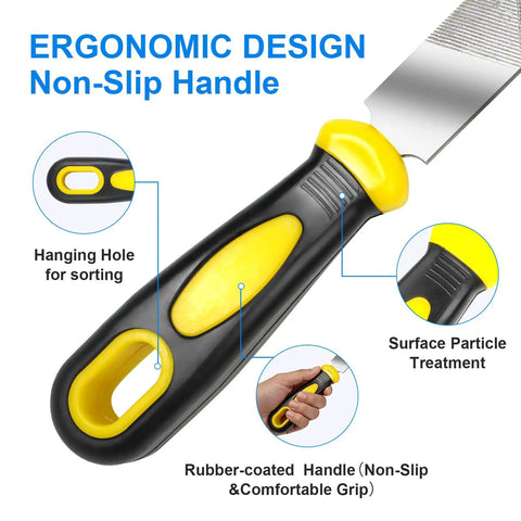 Close-up of 8 Inch Metal File Set 3 Piece Beast Pro Grade High Carbon Steel with ergonomic non-slip rubber handle