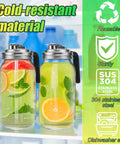 Two wide mouth jars with stainless steel pour spout lid, filled with citrus-infused water, in refrigerator