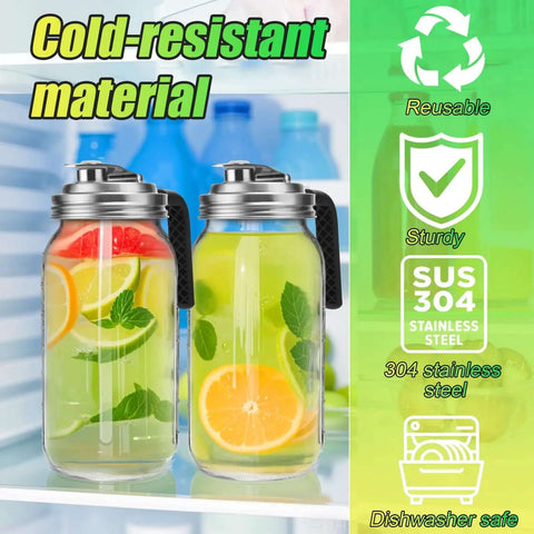Two wide mouth jars with stainless steel pour spout lid, filled with citrus-infused water, in refrigerator