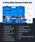 9-Way Slide Hammer Puller Set 15 Piece Car Repair Toolkit with 4.3 lb hammer, various adapters, and blue carry box