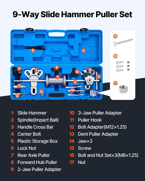 9-Way Slide Hammer Puller Set 15 Piece Car Repair Toolkit with 4.3 lb hammer, various adapters, and blue carry box