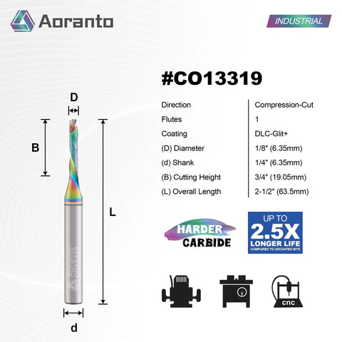 Compression CNC Router Bit One Eighth Inch Diameter One Quarter Inch Shank Two And One Half Inch Overall Length Upcut And Downcut Spiral End Mill For Wood And Plastic Solid Carbide With DLC Glit Coating For Long Lasting Edge shown with specifications and industrial icons