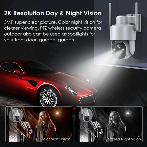 Wireless Solar Outdoor Security Camera With Pan Tilt, 3MP Color Night Vision, mounted near car with night vision demonstration.