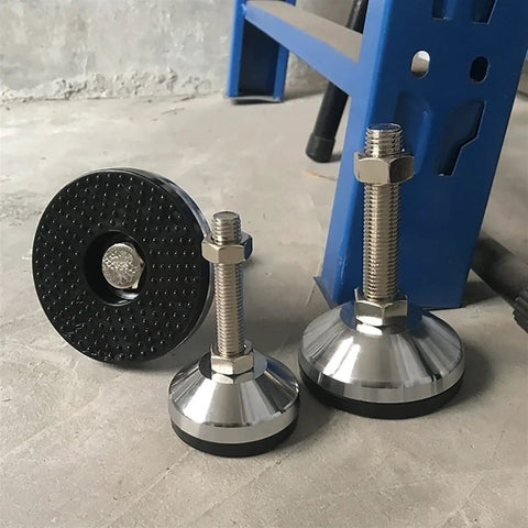 4 Pack Adjustable Leveling Feet For Furniture And Equipment Heavy Duty Tough As Nails M16 Thread 80mm Base Carbon Steel Screws Rubber Antislip Cushion Bottom Floor Protection Ideal For Shelves Office Furniture Mechanical Supports, heavy-duty leveling feet on blue equipment