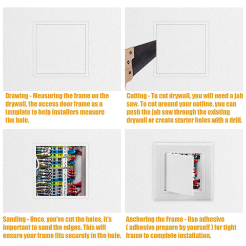 No Sweat 4X4 Inch Hinged Plastic Access Panel For Drywall And Ceilings Removable Cover in installation steps showing cutting and sanding.