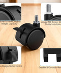 Front view of 4-pack 2-inch TV stand caster wheels with M8 threaded stems; swivel with locking brake, black nylon.