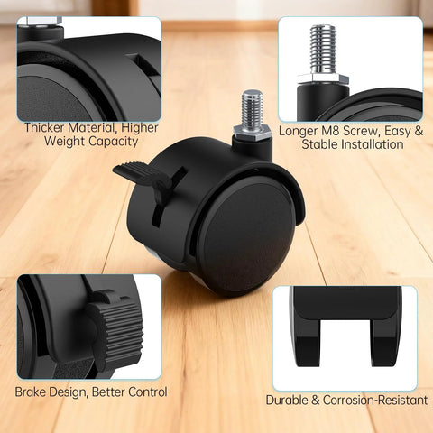 Front view of 4-pack 2-inch TV stand caster wheels with M8 threaded stems; swivel with locking brake, black nylon.