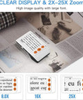 Grab And Go Portable Digital Magnifier With 3.5 Inch LCD Screen And Foldable Handle, showing 2x to 25x zoom on a newspaper article.