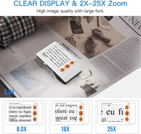 Grab And Go Portable Digital Magnifier With 3.5 Inch LCD Screen And Foldable Handle, showing 2x to 25x zoom on a newspaper article.