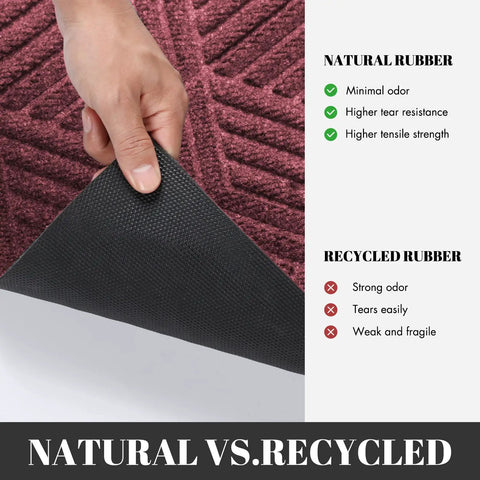 Comparison of natural vs. recycled rubber materials for All Season Waterproof Front Door Mat With Drainage Holes For Indoor Outdoor Use Heavy Duty Non Slip Doormat For Entrance Garage Patio And Entryway 29.5 By 17 Inches Red.