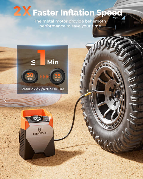 Zephyr S5 Cordless Tire Inflator With Led Light Ultra Fast 160 PSI inflating SUV tire in desert