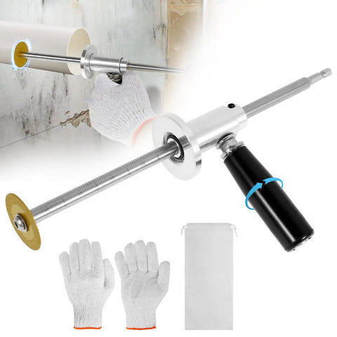 Inside PVC Pipe Cutter Kit For 1-1/2 Inch To 8 Inch Pipes 7 Inch Cutter With Adjustable Cutting Depth shown with gloves and accessories