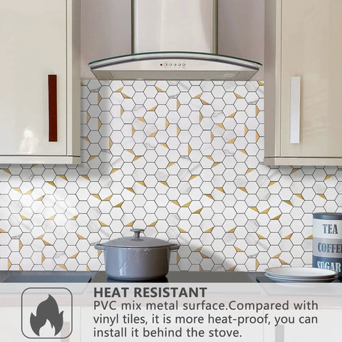 Peel And Stick Kitchen Backsplash Tiles Self Adhesive Hexagon Mosaic In White Marble With Gold Metal Accents Easy DIY Installation